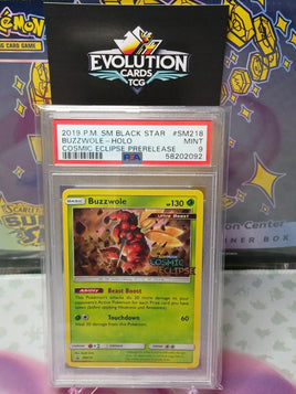 Pokemon TCG SM Black Star Promo Cosmic Eclipse Prerelease Buzzwole #SM218 PSA 9